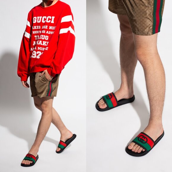 GUCCI SHOES MEN INTERLOCKING G LOGO RUBBER SLIDES w WEB STRIPE sz 9 / 9.5 - Picture 2 of 15